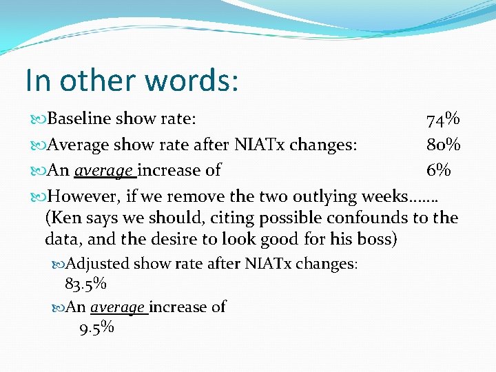 In other words: Baseline show rate: 74% Average show rate after NIATx changes: 80%