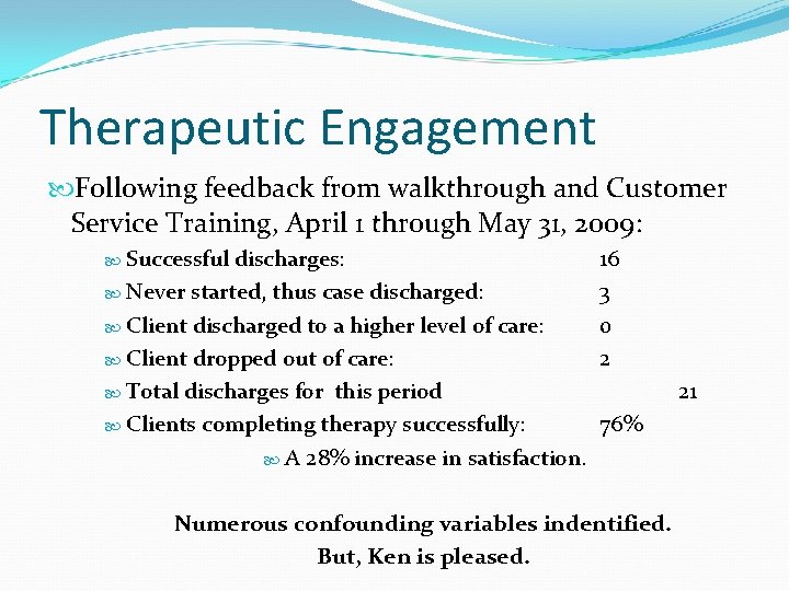 Therapeutic Engagement Following feedback from walkthrough and Customer Service Training, April 1 through May