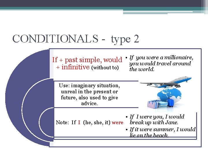 CONDITIONALS - type 2 If + past simple, would • If you were a