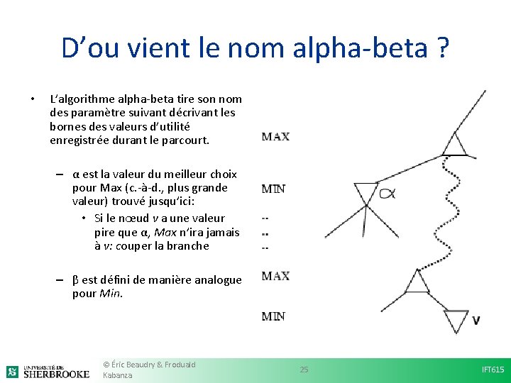 D’ou vient le nom alpha-beta ? • L’algorithme alpha-beta tire son nom des paramètre D’ou vient le nom alpha-beta ? • L’algorithme alpha-beta tire son nom des paramètre