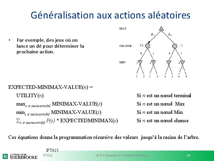 Généralisation aux actions aléatoires • Par exemple, des jeux où on lance un dé Généralisation aux actions aléatoires • Par exemple, des jeux où on lance un dé