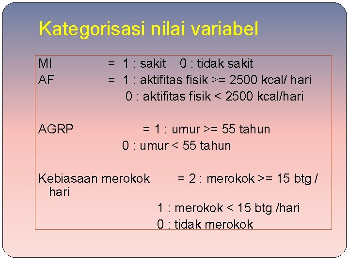 Kategorisasi nilai variabel MI AF AGRP = 1 : sakit 0 : tidak sakit