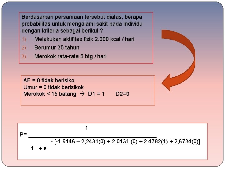 Berdasarkan persamaan tersebut diatas, berapa probabilitas untuk mengalami sakit pada individu dengan kriteria sebagai