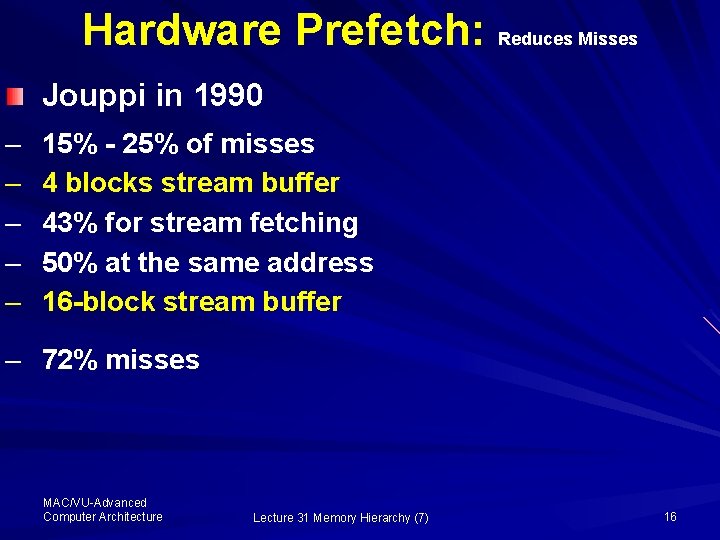 Hardware Prefetch: Reduces Misses Jouppi in 1990 – – – 15% - 25% of