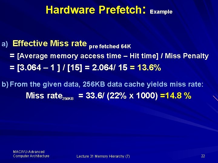 Hardware Prefetch: Example a) Effective Miss rate pre fetched 64 K = [Average memory