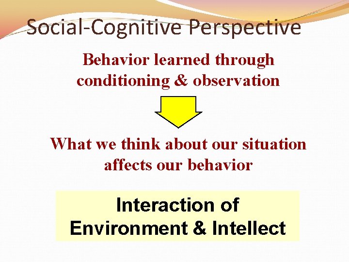 Social-Cognitive Perspective Behavior learned through conditioning & observation What we think about our situation