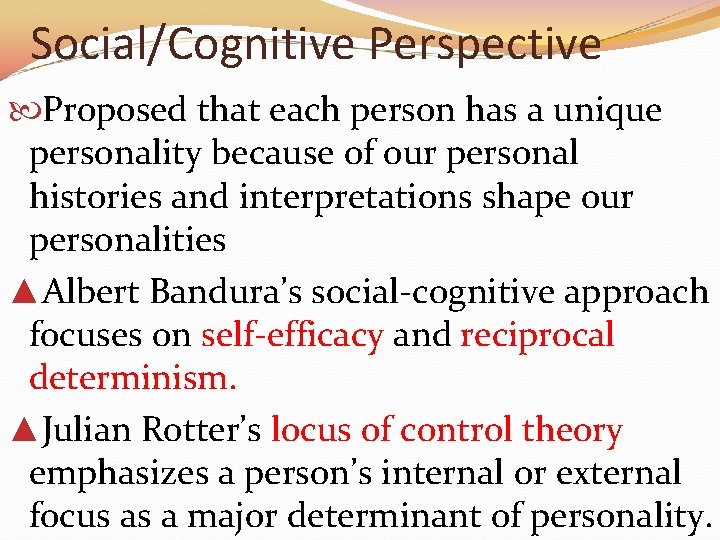 Social/Cognitive Perspective Proposed that each person has a unique personality because of our personal