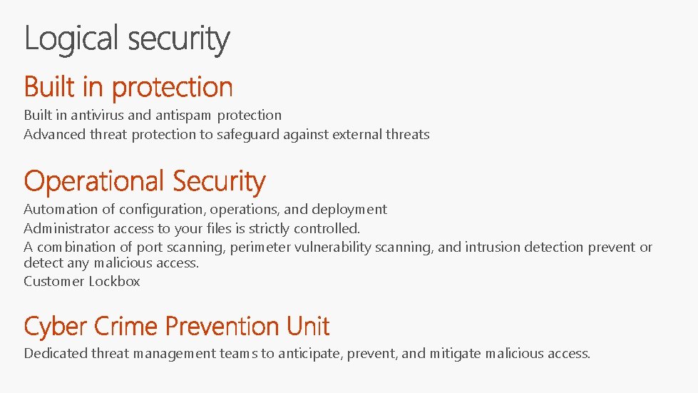 Built in antivirus and antispam protection Advanced threat protection to safeguard against external threats Built in antivirus and antispam protection Advanced threat protection to safeguard against external threats