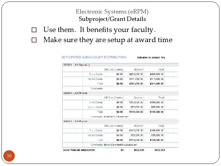 Electronic Systems (e. RPM) Subproject/Grant Details � Use them. It benefits your faculty. �