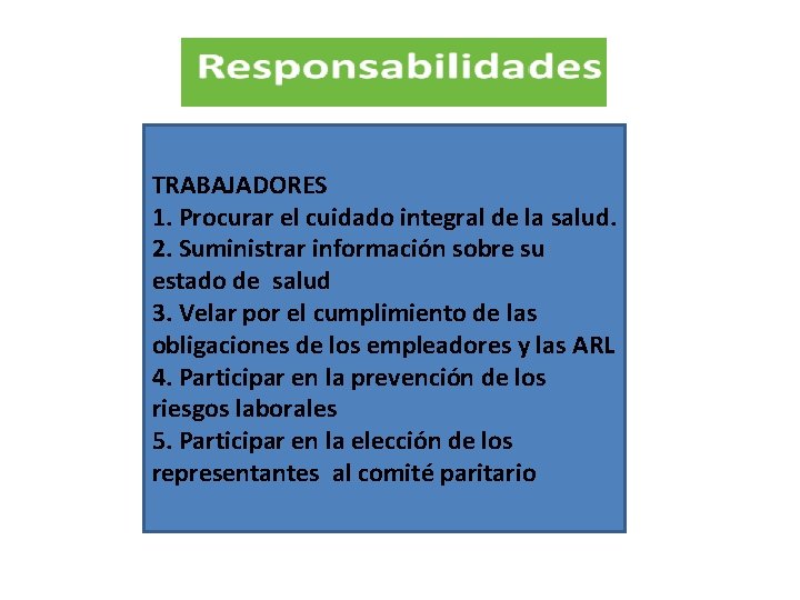 TRABAJADORES 1. Procurar el cuidado integral de la salud. 2. Suministrar información sobre su TRABAJADORES 1. Procurar el cuidado integral de la salud. 2. Suministrar información sobre su