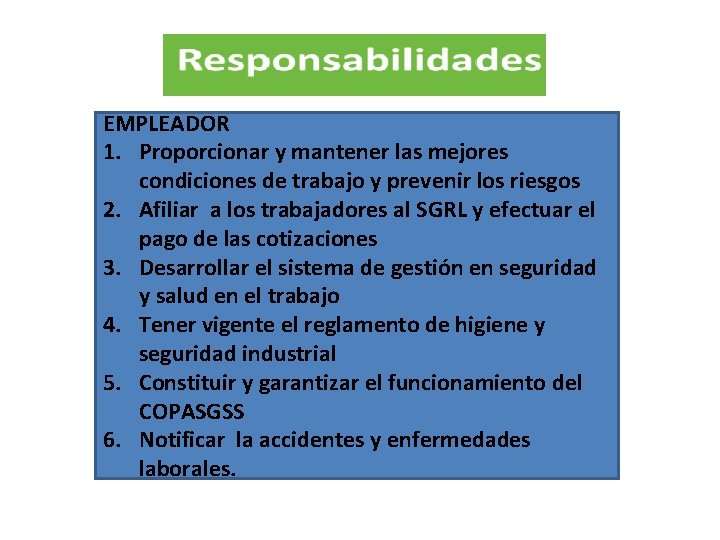 EMPLEADOR 1. Proporcionar y mantener las mejores condiciones de trabajo y prevenir los riesgos EMPLEADOR 1. Proporcionar y mantener las mejores condiciones de trabajo y prevenir los riesgos