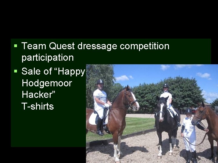 § Team Quest dressage competition participation § Sale of “Happy Hodgemoor Hacker” T-shirts 