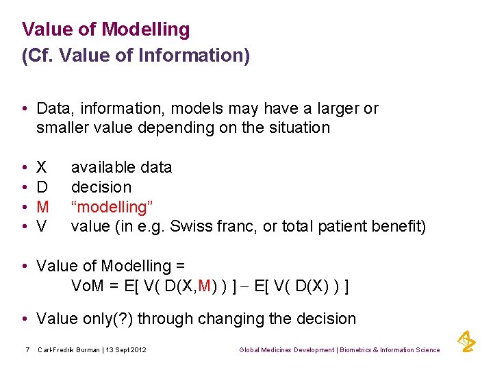 Value of Modelling (Cf. Value of Information) • Data, information, models may have a