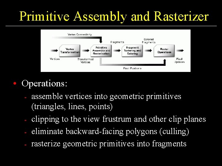 Primitive Assembly and Rasterizer • Operations: ù ù assemble vertices into geometric primitives (triangles,