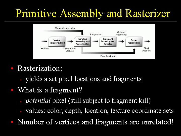 Primitive Assembly and Rasterizer • Rasterization: ù yields a set pixel locations and fragments