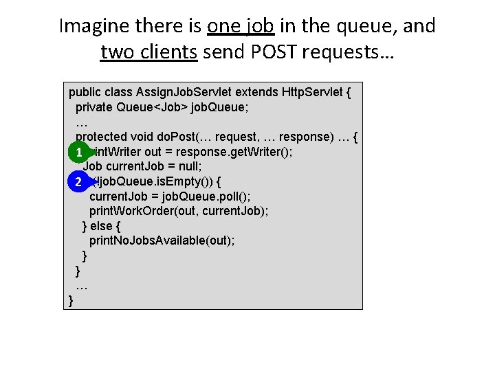 Imagine there is one job in the queue, and two clients send POST requests…