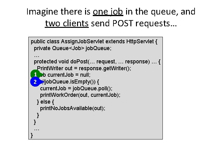 Imagine there is one job in the queue, and two clients send POST requests…