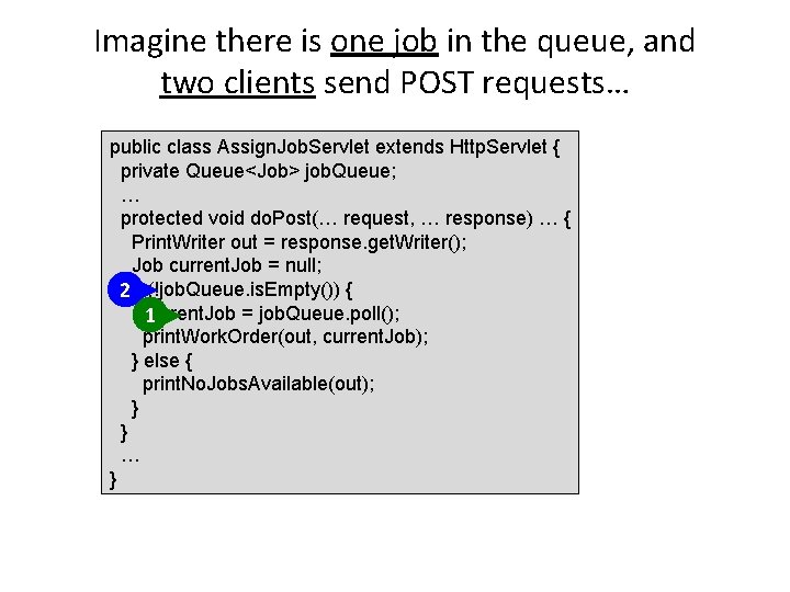 Imagine there is one job in the queue, and two clients send POST requests…
