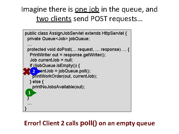 Imagine there is one job in the queue, and two clients send POST requests…