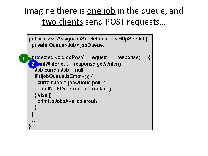 Imagine there is one job in the queue, and two clients send POST requests…