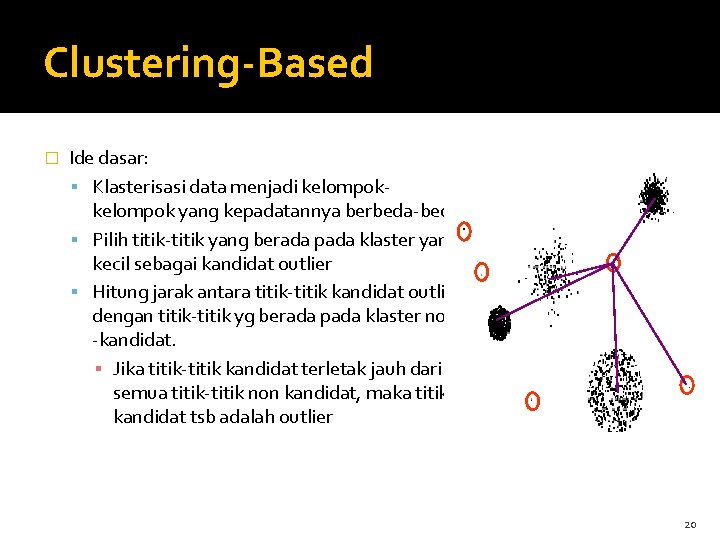 Clustering-Based � Ide dasar: Klasterisasi data menjadi kelompok yang kepadatannya berbeda-beda Pilih titik-titik yang