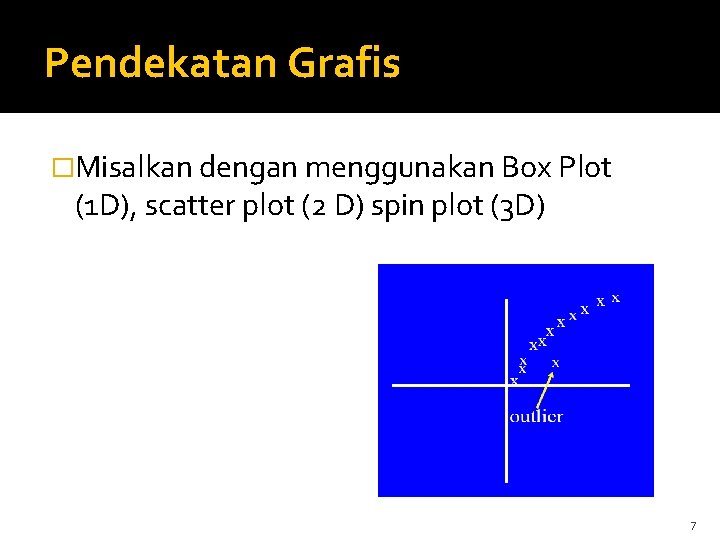 Pendekatan Grafis �Misalkan dengan menggunakan Box Plot (1 D), scatter plot (2 D) spin