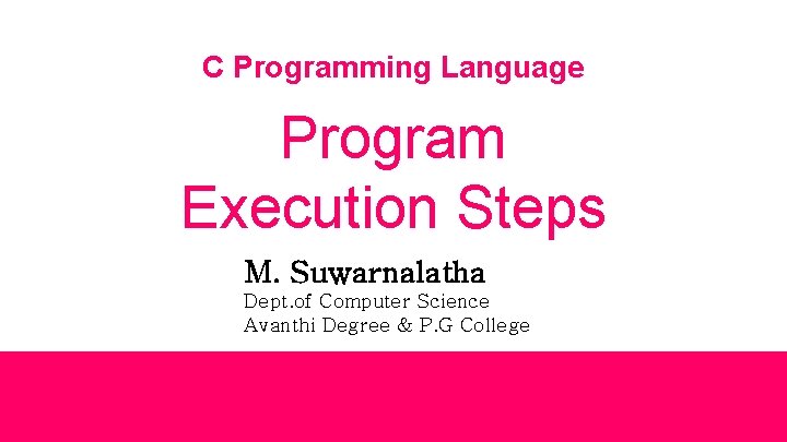 C Programming Language Program Execution Steps M. Suwarnalatha Dept. of Computer Science Avanthi Degree