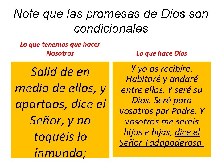 Note que las promesas de Dios son condicionales Lo que tenemos que hacer Nosotros