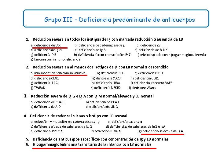 Grupo III - Deficiencia predominante de anticuerpos 1. Reducción severa en todos los isotipos