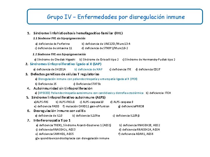 Grupo IV – Enfermedades por disregulación inmune 1. Síndrome linfohistiositosis hemofagocítico familiar (FHL) 1.