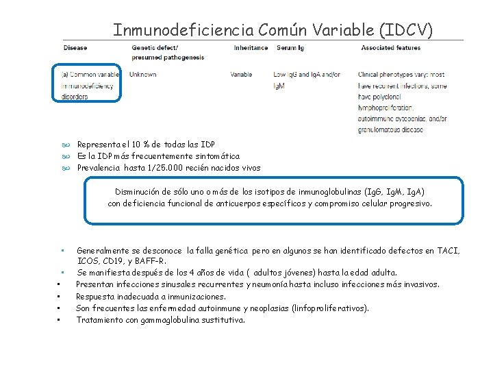 Inmunodeficiencia Común Variable (IDCV) Representa el 10 % de todas las IDP Es la