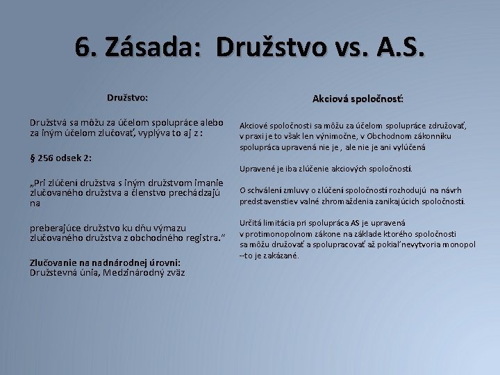 6. Zásada: Družstvo vs. A. S. Družstvo: Družstvá sa môžu za účelom spolupráce alebo