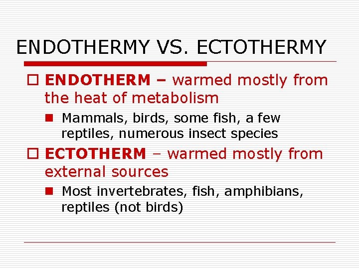 ENDOTHERMY VS. ECTOTHERMY o ENDOTHERM – warmed mostly from the heat of metabolism n