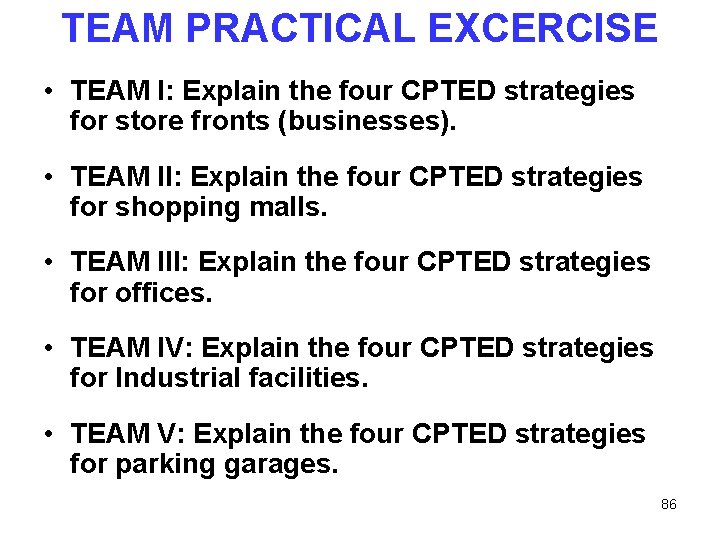 TEAM PRACTICAL EXCERCISE • TEAM I: Explain the four CPTED strategies for store fronts