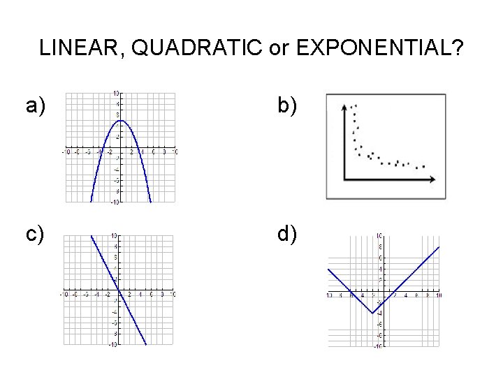 LINEAR, QUADRATIC or EXPONENTIAL? a) b) c) d) 