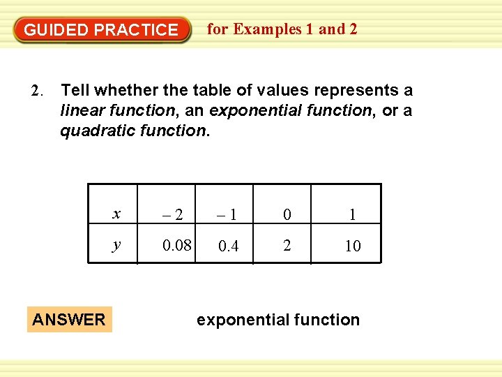 GUIDED PRACTICE for Examples 1 and 2 2. Tell whether the table of values