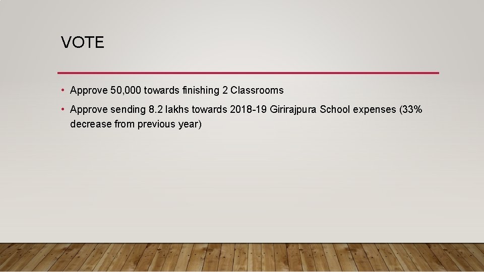 VOTE • Approve 50, 000 towards finishing 2 Classrooms • Approve sending 8. 2