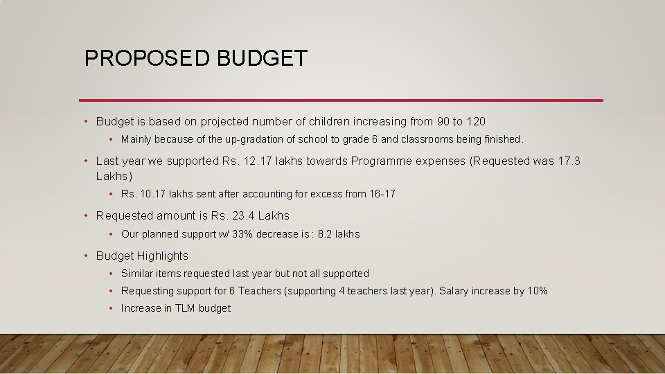 PROPOSED BUDGET • Budget is based on projected number of children increasing from 90