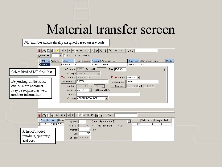 Material transfer screen MT number automatically assigned based on site code Select kind of