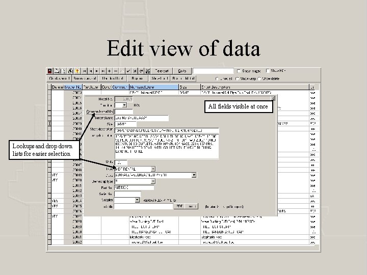 Edit view of data All fields visible at once Lookups and drop down lists