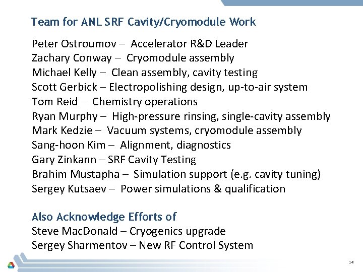 Team for ANL SRF Cavity/Cryomodule Work Peter Ostroumov – Accelerator R&D Leader Zachary Conway Team for ANL SRF Cavity/Cryomodule Work Peter Ostroumov – Accelerator R&D Leader Zachary Conway