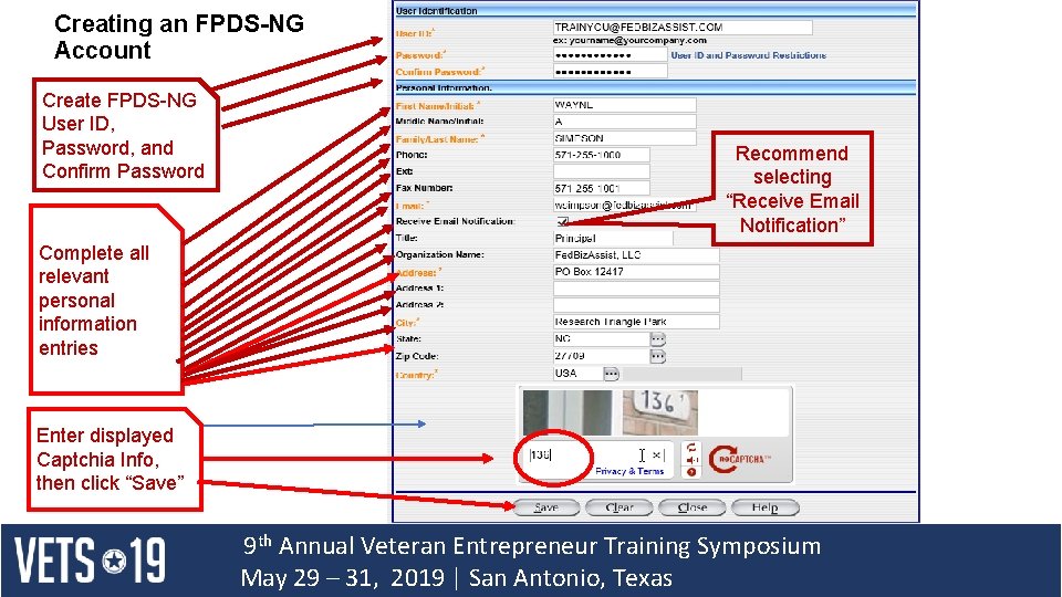 Creating an FPDS-NG Account Create FPDS-NG User ID, Password, and Confirm Password Recommend selecting