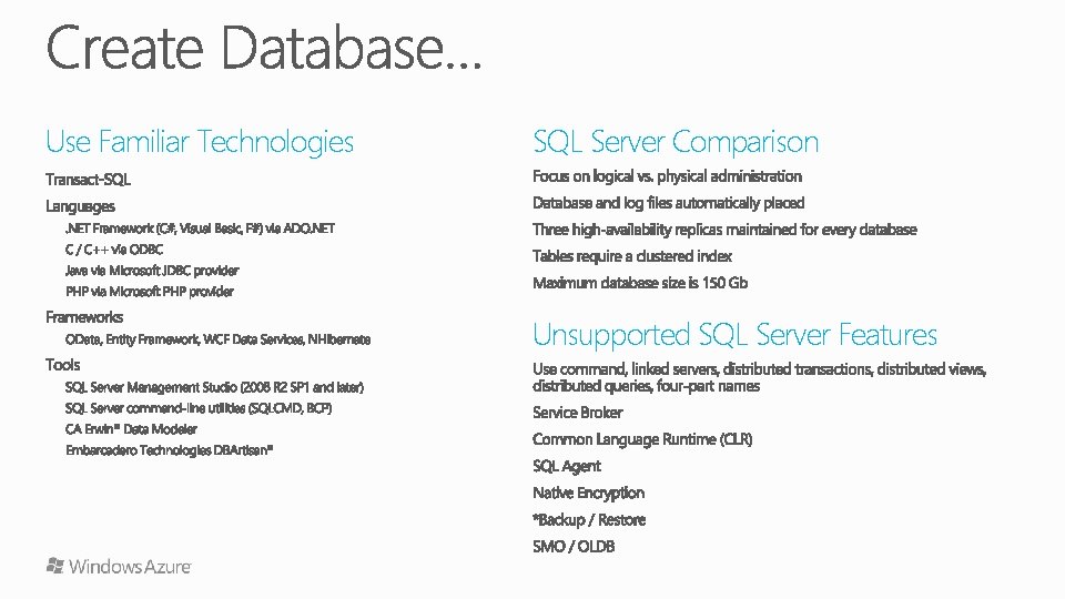 Use Familiar Technologies SQL Server Comparison Unsupported SQL Server Features 