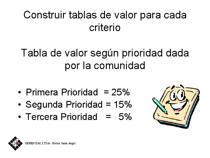 Construir tablas de valor para cada criterio Tabla de valor según prioridad dada por