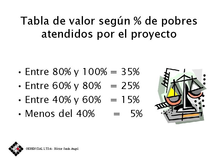 Tabla de valor según % de pobres atendidos por el proyecto • Entre 80%