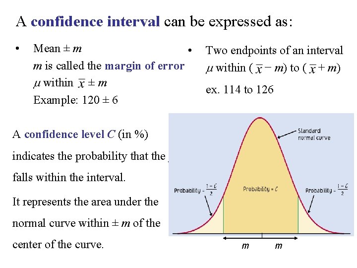 A confidence interval can be expressed as: • Mean ± m • m is
