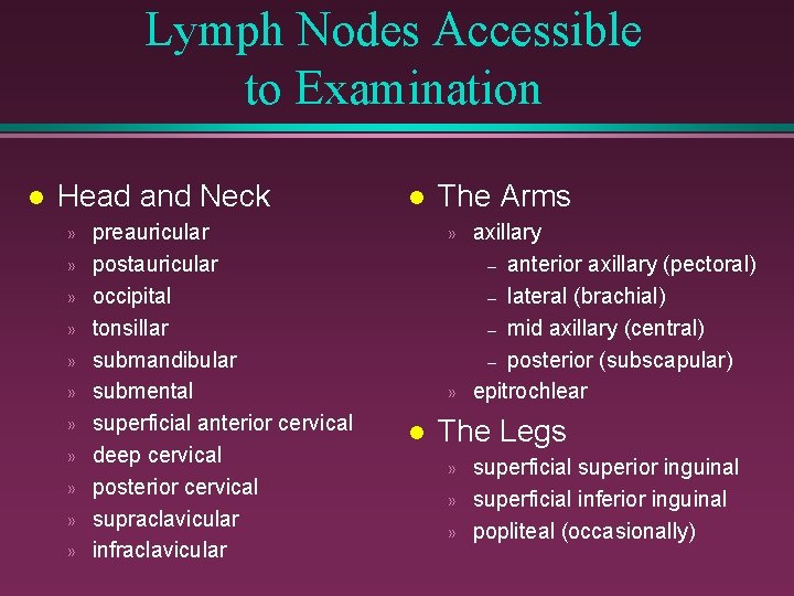 Lymph Nodes Accessible to Examination l Head and Neck » » » preauricular postauricular