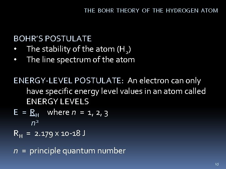 THE BOHR THEORY OF THE HYDROGEN ATOM BOHR’S POSTULATE • The stability of the