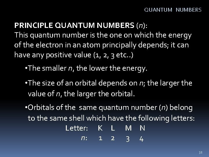 QUANTUM NUMBERS PRINCIPLE QUANTUM NUMBERS (n): This quantum number is the on which the