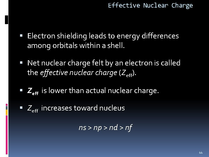 Effective Nuclear Charge Electron shielding leads to energy differences among orbitals within a shell.